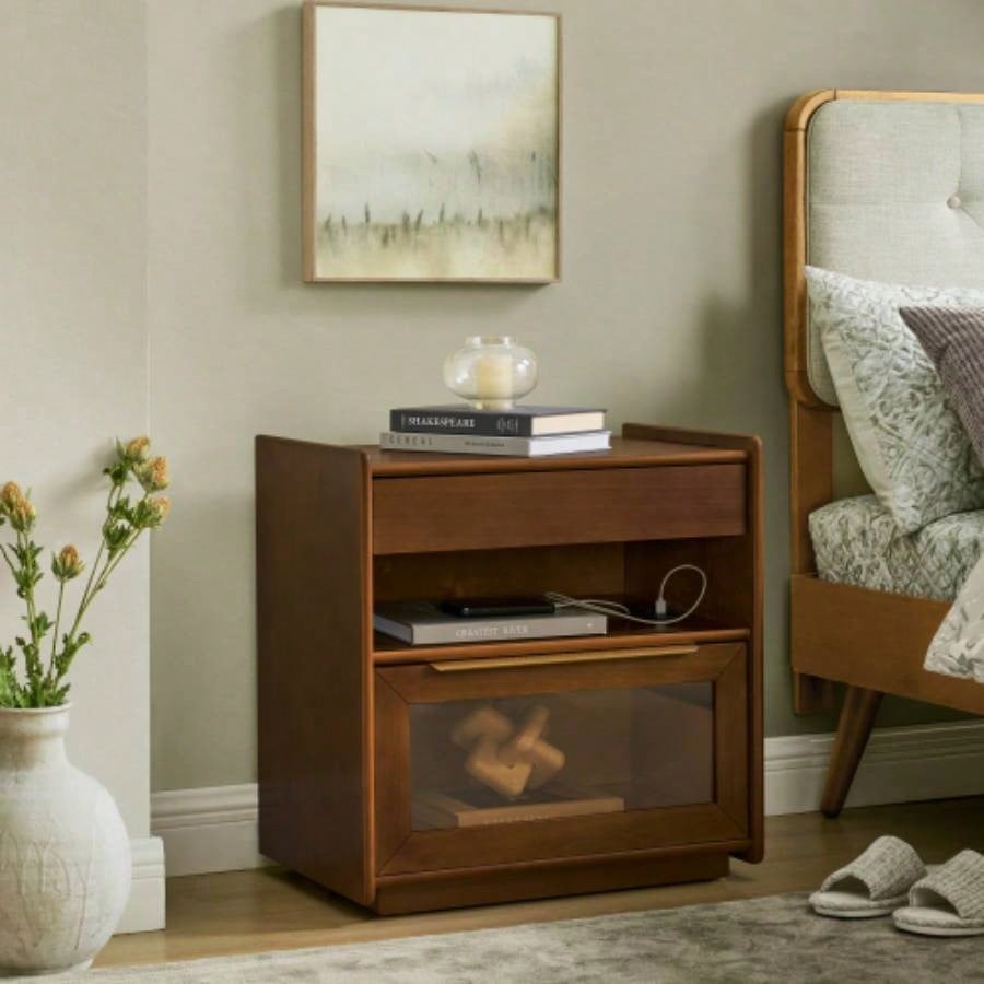 Mid Modern Nightstand with Charging Station Outlet Hole 2 Drawers, Farmhouse End Table with Open Shelf Glass Drawer Dresser, Side Cabinet Living Room Reception Room Dorm, Dark Walnut