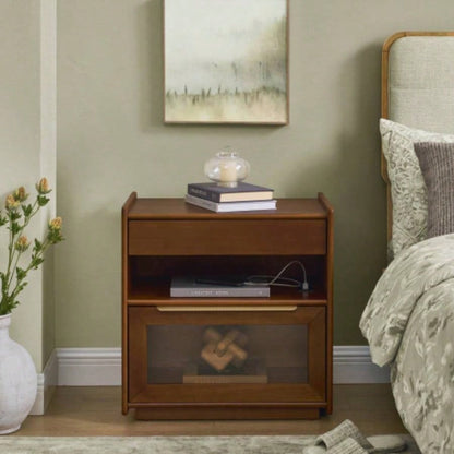 Mid Modern Nightstand with Charging Station Outlet Hole 2 Drawers, Farmhouse End Table with Open Shelf Glass Drawer Dresser, Side Cabinet Living Room Reception Room Dorm, Dark Walnut