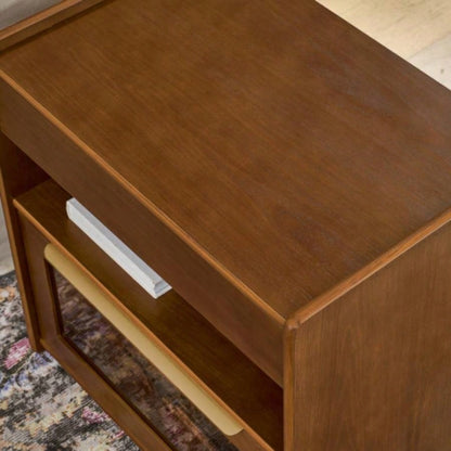 Mid Modern Nightstand with Charging Station Outlet Hole 2 Drawers, Farmhouse End Table with Open Shelf Glass Drawer Dresser, Side Cabinet Living Room Reception Room Dorm, Dark Walnut