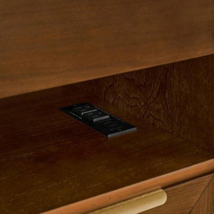 Mid Modern Nightstand with Charging Station Outlet Hole 2 Drawers, Farmhouse End Table with Open Shelf Glass Drawer Dresser, Side Cabinet Living Room Reception Room Dorm, Dark Walnut