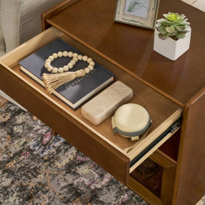 Mid Modern Nightstand with Charging Station Outlet Hole 2 Drawers, Farmhouse End Table with Open Shelf Glass Drawer Dresser, Side Cabinet Living Room Reception Room Dorm, Dark Walnut