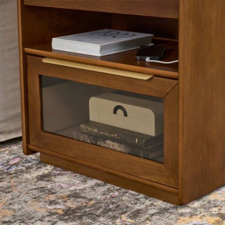 Mid Modern Nightstand with Charging Station Outlet Hole 2 Drawers, Farmhouse End Table with Open Shelf Glass Drawer Dresser, Side Cabinet Living Room Reception Room Dorm, Dark Walnut