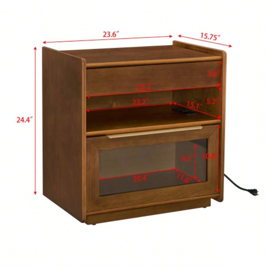 Mid Modern Nightstand with Charging Station Outlet Hole 2 Drawers, Farmhouse End Table with Open Shelf Glass Drawer Dresser, Side Cabinet Living Room Reception Room Dorm, Dark Walnut