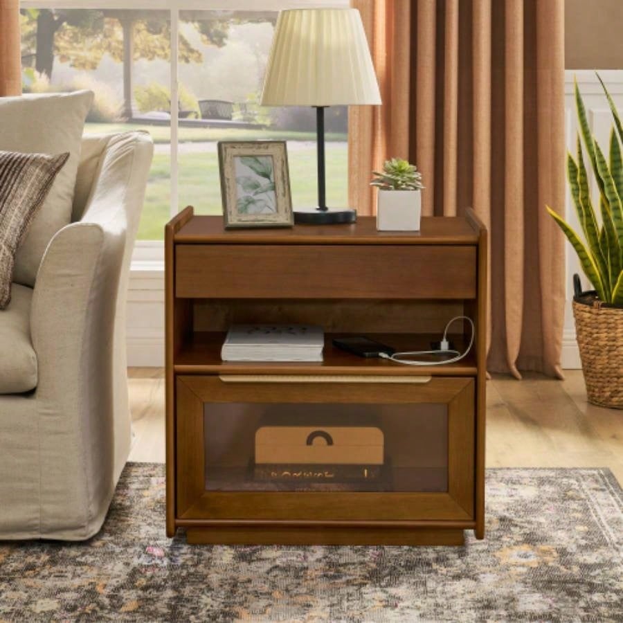 Mid Modern Nightstand with Charging Station Outlet Hole 2 Drawers, Farmhouse End Table with Open Shelf Glass Drawer Dresser, Side Cabinet Living Room Reception Room Dorm, Dark Walnut