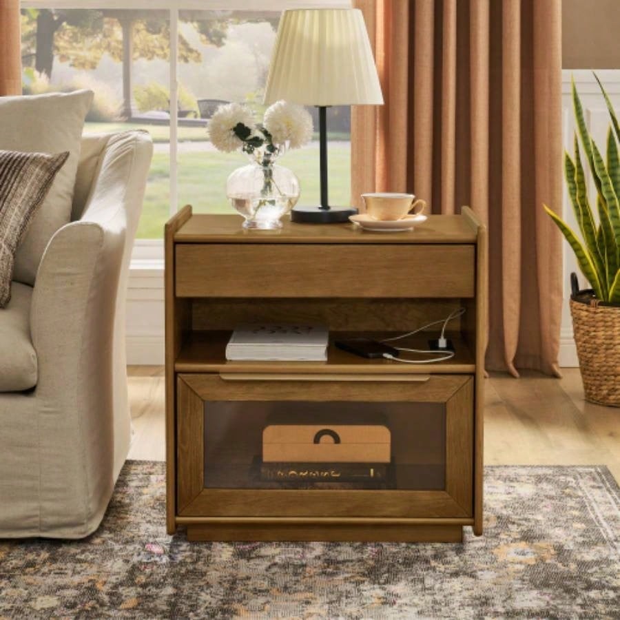 Mid Modern Nightstand with Charging Station Outlet Hole 2 Drawers, Farmhouse End Table with Open Shelf Glass Drawer Dresser, Side Cabinet Living Room Reception Room Dorm, Dark Walnut