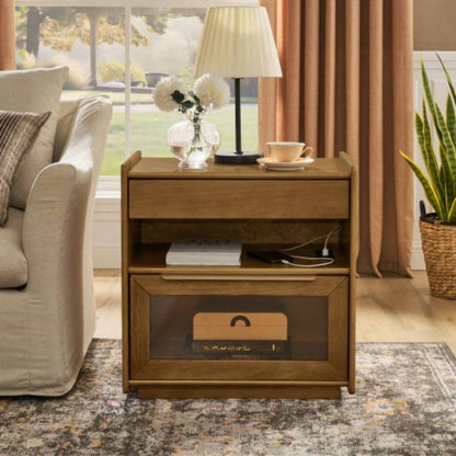 Mid Modern Nightstand with Charging Station Outlet Hole 2 Drawers, Farmhouse End Table with Open Shelf Glass Drawer Dresser, Side Cabinet Living Room Reception Room Dorm, Dark Walnut