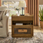 Mid Modern Nightstand with Charging Station Outlet Hole 2 Drawers, Farmhouse End Table with Open Shelf Glass Drawer Dresser, Side Cabinet Living Room Reception Room Dorm, Dark Walnut