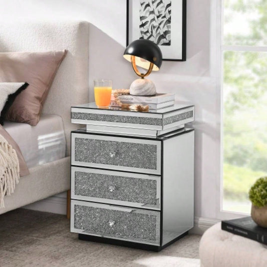 Mirrored Nightstand with 3 Drawers, Silver Nightstand with Inlay, Mirror End Table, Modern Bedside Table, Glass Table Bedroom, 13.8x 17. Lx 23.6 H