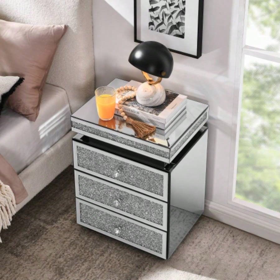 Mirrored Nightstand with 3 Drawers, Silver Nightstand with Inlay, Mirror End Table, Modern Bedside Table, Glass Table Bedroom, 13.8x 17. Lx 23.6 H