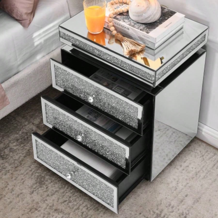 Mirrored Nightstand with 3 Drawers, Silver Nightstand with Inlay, Mirror End Table, Modern Bedside Table, Glass Table Bedroom, 13.8x 17. Lx 23.6 H