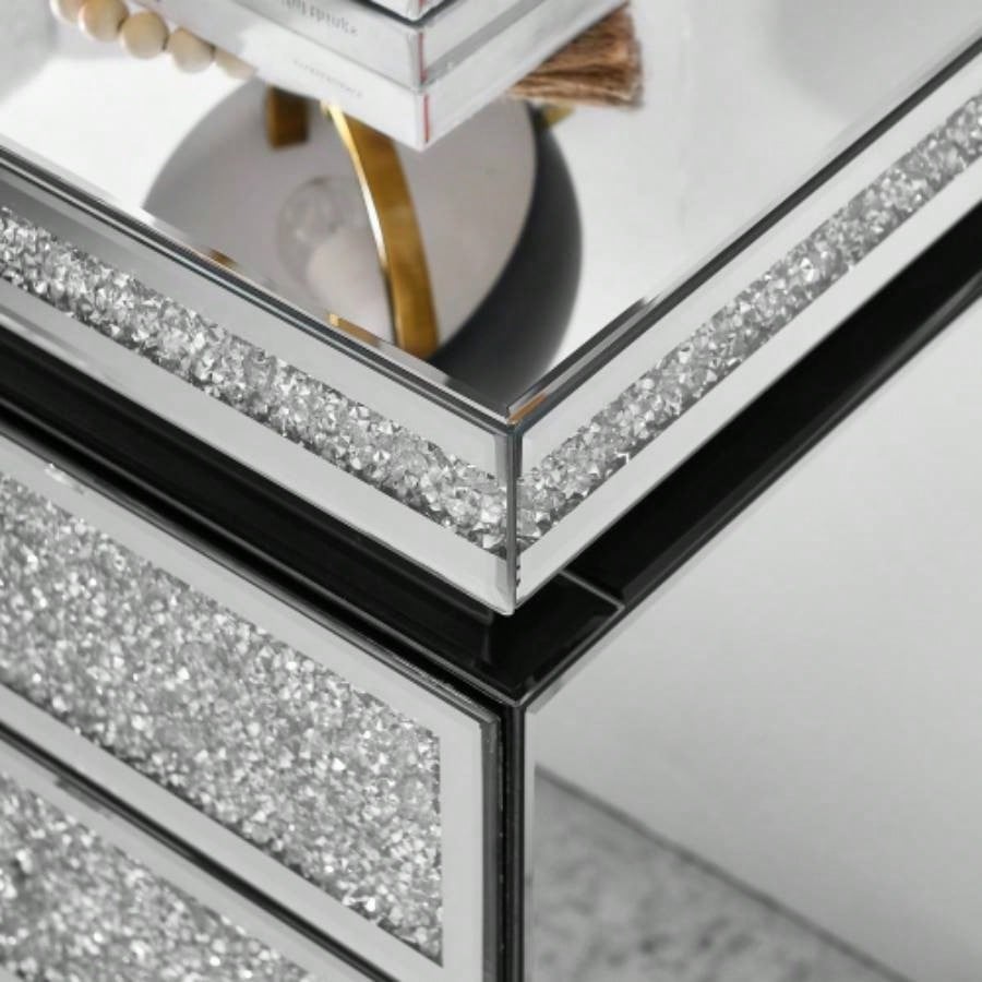 Mirrored Nightstand with 3 Drawers, Silver Nightstand with Inlay, Mirror End Table, Modern Bedside Table, Glass Table Bedroom, 13.8x 17. Lx 23.6 H