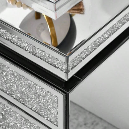 Mirrored Nightstand with 3 Drawers, Silver Nightstand with Inlay, Mirror End Table, Modern Bedside Table, Glass Table Bedroom, 13.8x 17. Lx 23.6 H