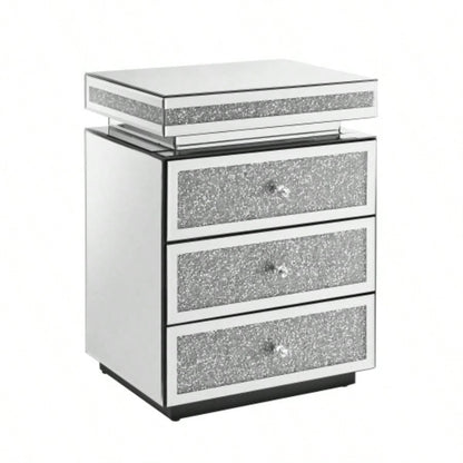 Mirrored Nightstand with 3 Drawers, Silver Nightstand with Inlay, Mirror End Table, Modern Bedside Table, Glass Table Bedroom, 13.8x 17. Lx 23.6 H