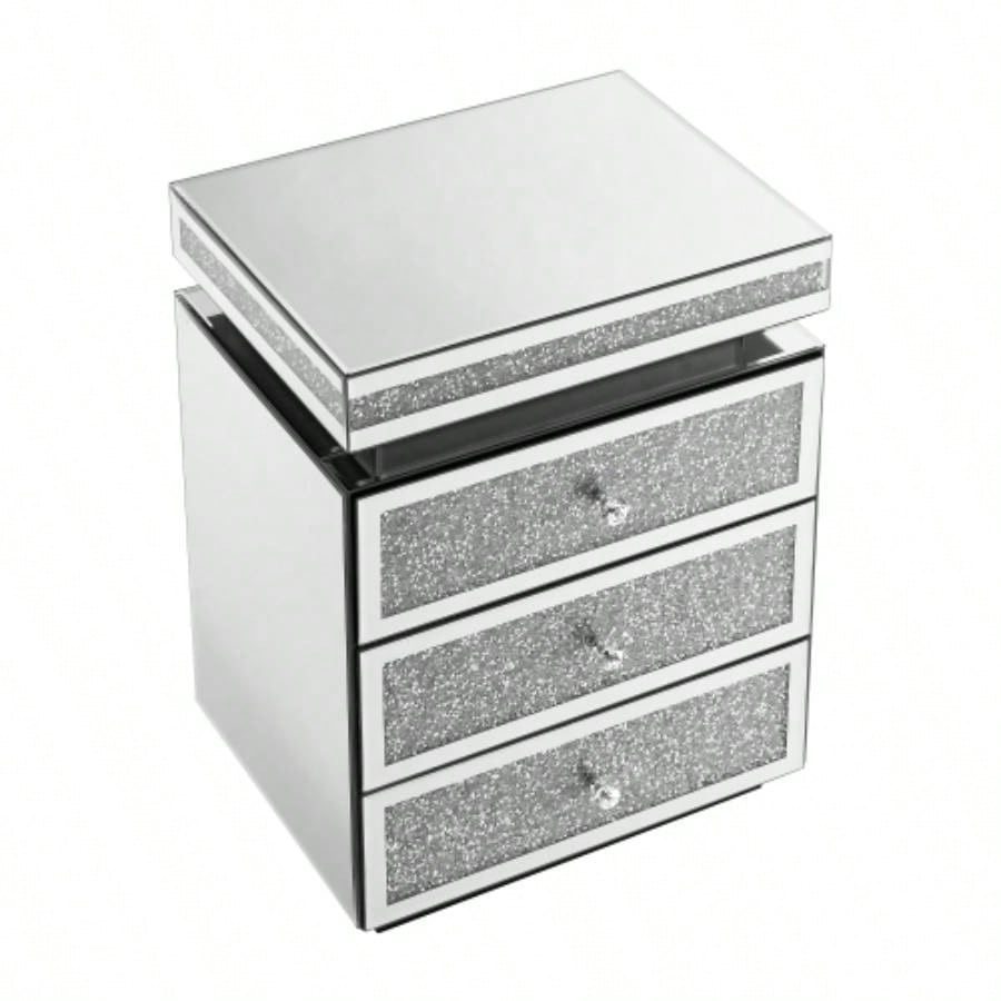 Mirrored Nightstand with 3 Drawers, Silver Nightstand with Inlay, Mirror End Table, Modern Bedside Table, Glass Table Bedroom, 13.8x 17. Lx 23.6 H