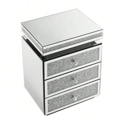 Mirrored Nightstand with 3 Drawers, Silver Nightstand with Inlay, Mirror End Table, Modern Bedside Table, Glass Table Bedroom, 13.8x 17. Lx 23.6 H