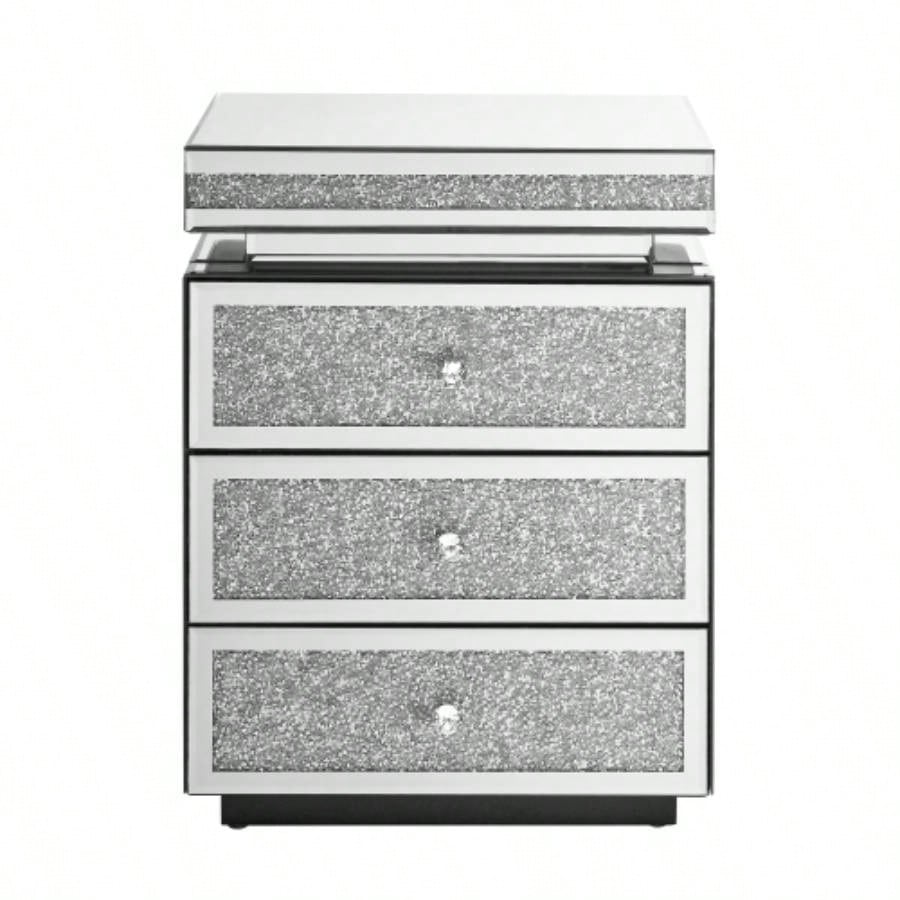 Mirrored Nightstand with 3 Drawers, Silver Nightstand with Inlay, Mirror End Table, Modern Bedside Table, Glass Table Bedroom, 13.8x 17. Lx 23.6 H