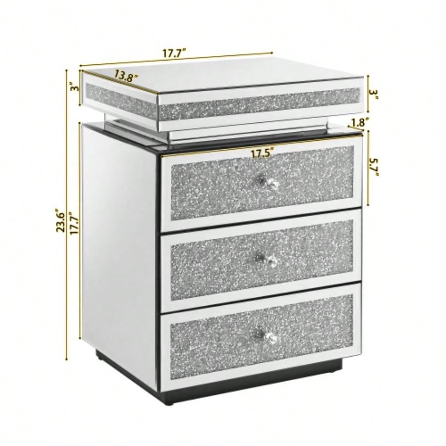 Mirrored Nightstand with 3 Drawers, Silver Nightstand with Inlay, Mirror End Table, Modern Bedside Table, Glass Table Bedroom, 13.8x 17. Lx 23.6 H