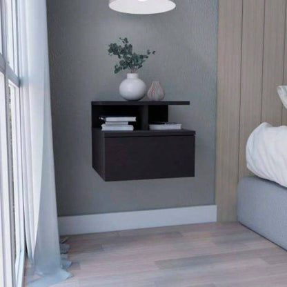 Floating Nightstand 12H, Wall Mounted with Single Drawer and 2 - Tier Shelf, Black