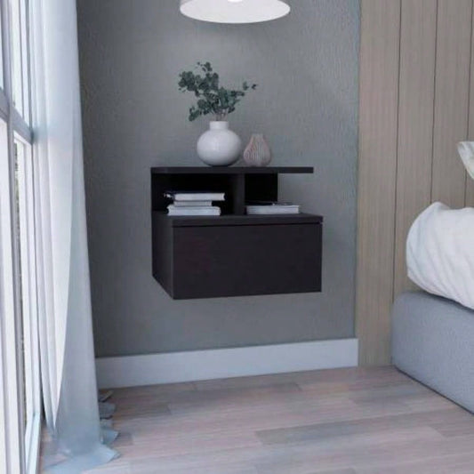 Floating Nightstand 12H, Wall Mounted with Single Drawer and 2 - Tier Shelf, Black