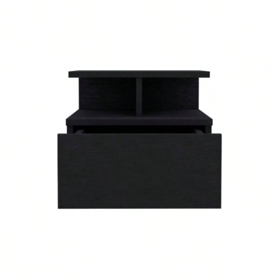 Floating Nightstand 12H, Wall Mounted with Single Drawer and 2 - Tier Shelf, Black