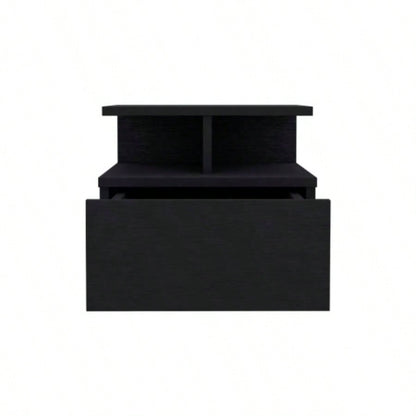 Floating Nightstand 12H, Wall Mounted with Single Drawer and 2 - Tier Shelf, Black