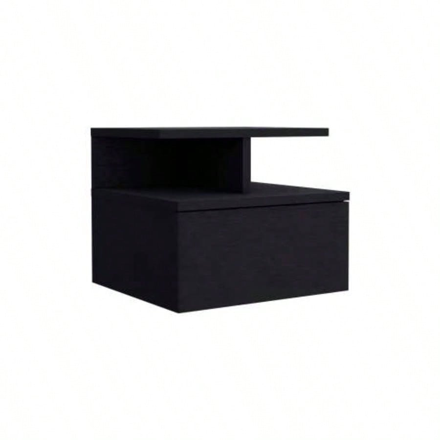 Floating Nightstand 12H, Wall Mounted with Single Drawer and 2 - Tier Shelf, Black