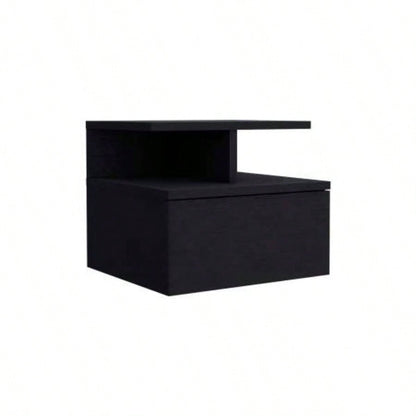 Floating Nightstand 12H, Wall Mounted with Single Drawer and 2 - Tier Shelf, Black