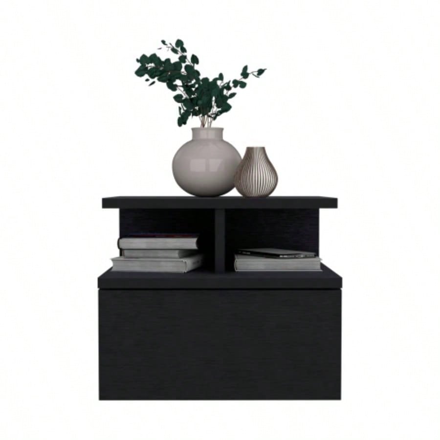 Floating Nightstand 12H, Wall Mounted with Single Drawer and 2 - Tier Shelf, Black