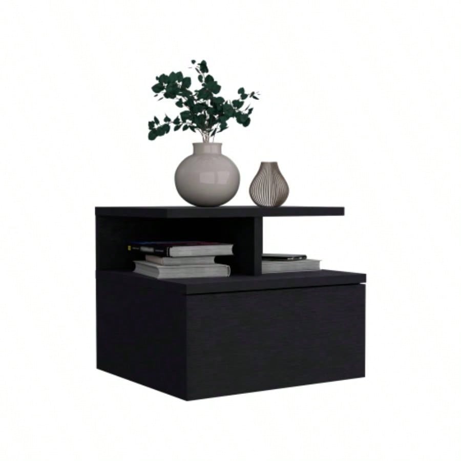 Floating Nightstand 12H, Wall Mounted with Single Drawer and 2 - Tier Shelf, Black