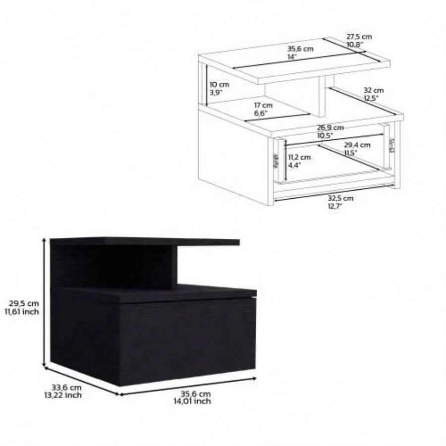 Floating Nightstand 12H, Wall Mounted with Single Drawer and 2 - Tier Shelf, Black