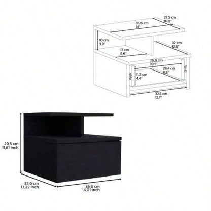 Floating Nightstand 12H, Wall Mounted with Single Drawer and 2 - Tier Shelf, Black