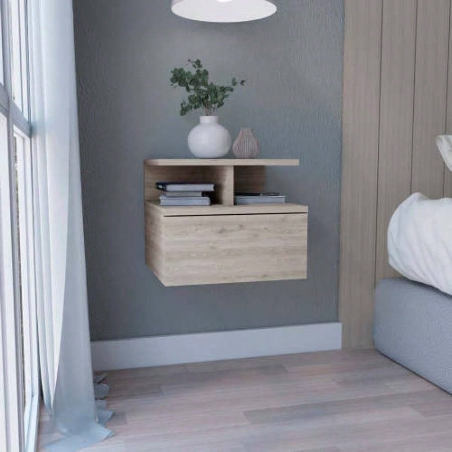 Floating Nightstand 12H, Wall Mounted with Single Drawer and 2 - Tier Shelf, Black
