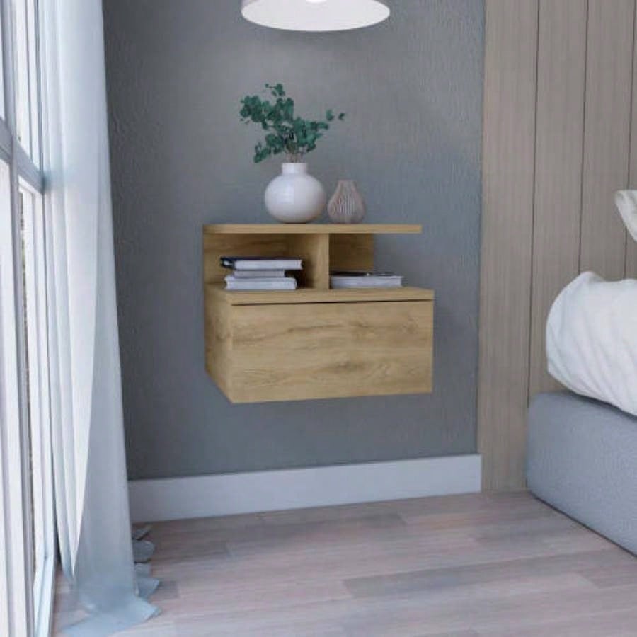 Floating Nightstand 12H, Wall Mounted with Single Drawer and 2 - Tier Shelf, Black