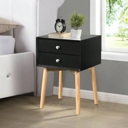 Side Table, Bedside Table with 2 Drawers and Rubber Wood, Mid - Modern Storage Cabinet Bedroom Living Room, Black