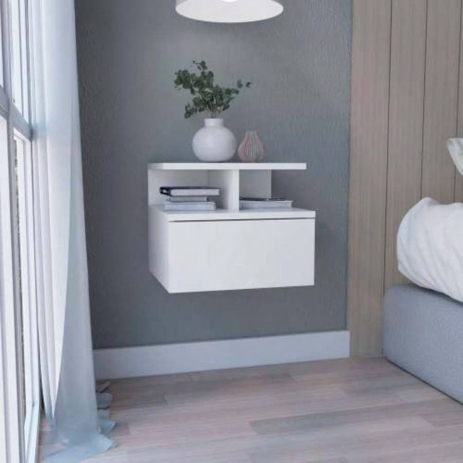 Floating Nightstand 12H, Wall Mounted with Single Drawer and 2 - Tier Shelf, Black