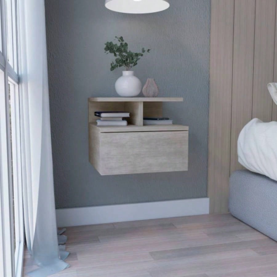 Floating Nightstand 12H, Wall Mounted with Single Drawer and 2 - Tier Shelf, Black