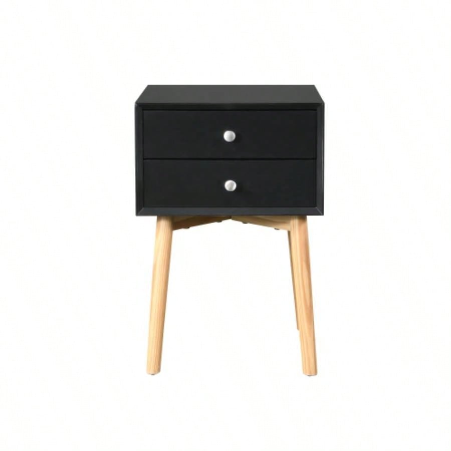 Side Table, Bedside Table with 2 Drawers and Rubber Wood, Mid - Modern Storage Cabinet Bedroom Living Room, Black