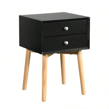 Side Table, Bedside Table with 2 Drawers and Rubber Wood, Mid - Modern Storage Cabinet Bedroom Living Room, Black