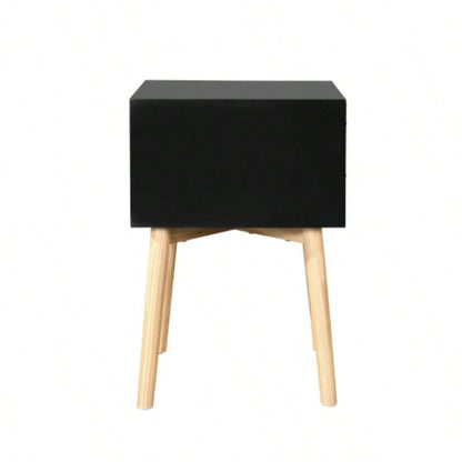 Side Table, Bedside Table with 2 Drawers and Rubber Wood, Mid - Modern Storage Cabinet Bedroom Living Room, Black
