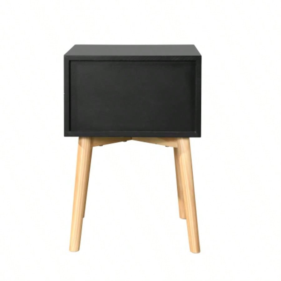 Side Table, Bedside Table with 2 Drawers and Rubber Wood, Mid - Modern Storage Cabinet Bedroom Living Room, Black