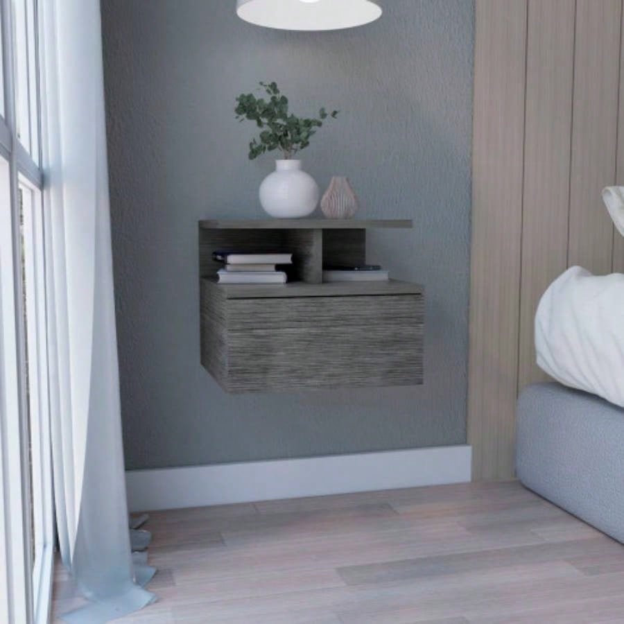 Floating Nightstand 12H, Wall Mounted with Single Drawer and 2 - Tier Shelf, Black