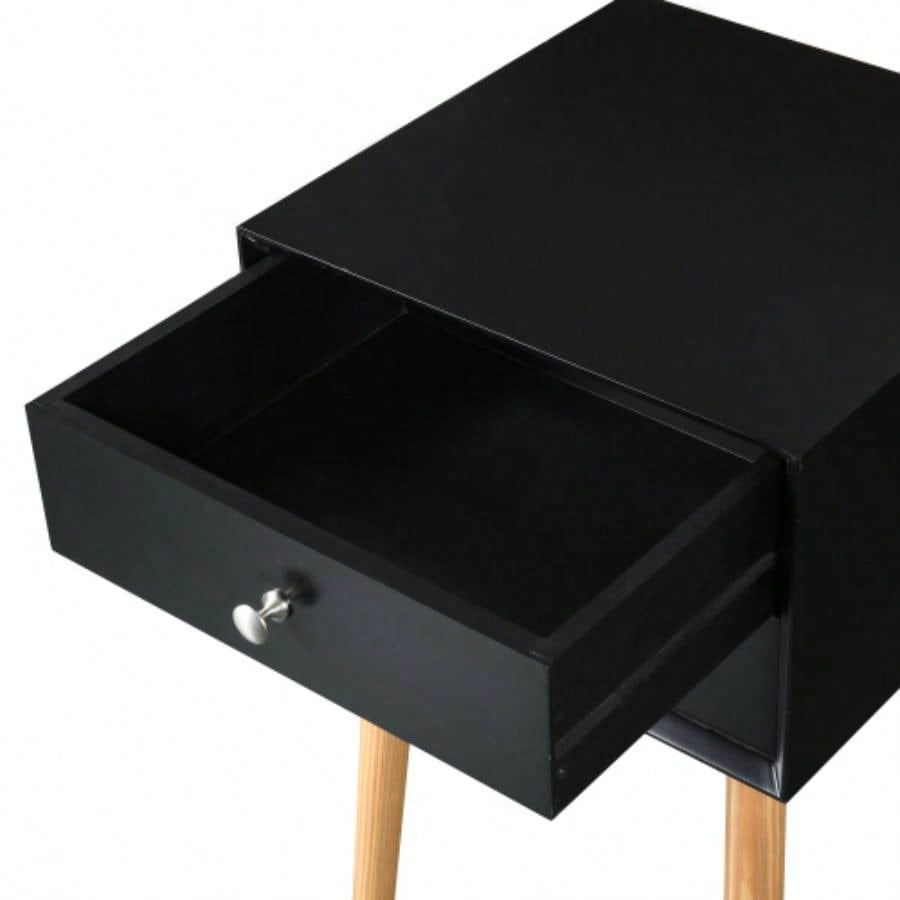 Side Table, Bedside Table with 2 Drawers and Rubber Wood, Mid - Modern Storage Cabinet Bedroom Living Room, Black