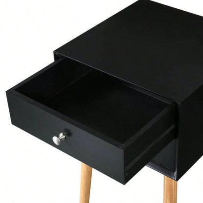 Side Table, Bedside Table with 2 Drawers and Rubber Wood, Mid - Modern Storage Cabinet Bedroom Living Room, Black