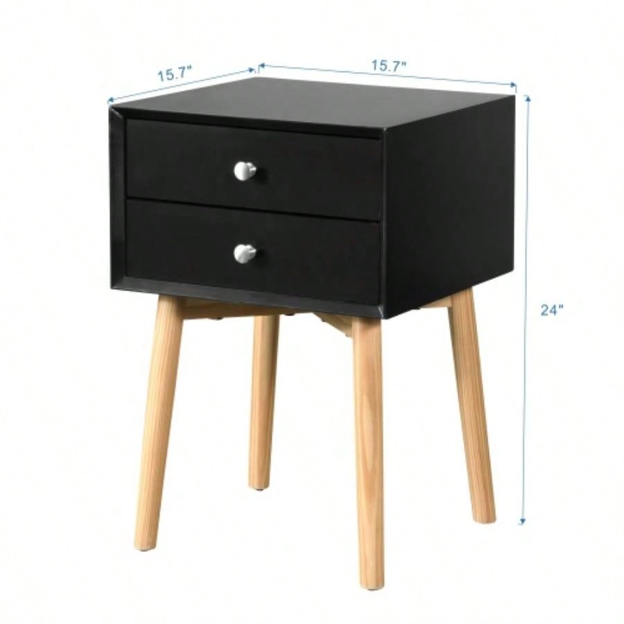 Side Table, Bedside Table with 2 Drawers and Rubber Wood, Mid - Modern Storage Cabinet Bedroom Living Room, Black