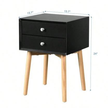 Side Table, Bedside Table with 2 Drawers and Rubber Wood, Mid - Modern Storage Cabinet Bedroom Living Room, Black
