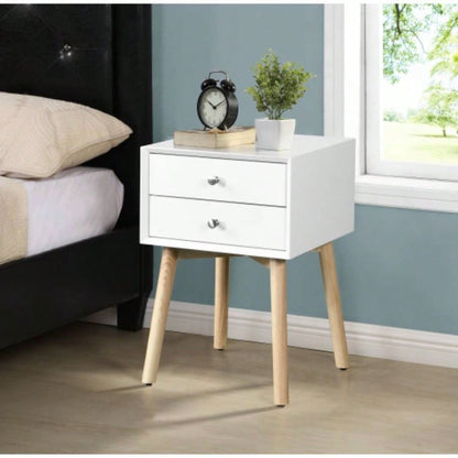 Side Table, Bedside Table with 2 Drawers and Rubber Wood, Mid - Modern Storage Cabinet Bedroom Living Room, Black