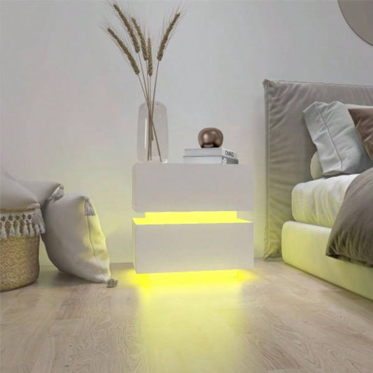 White Color High Glossy 2 Drawers Bedside Table with RGB Led Light Nightstand with Control