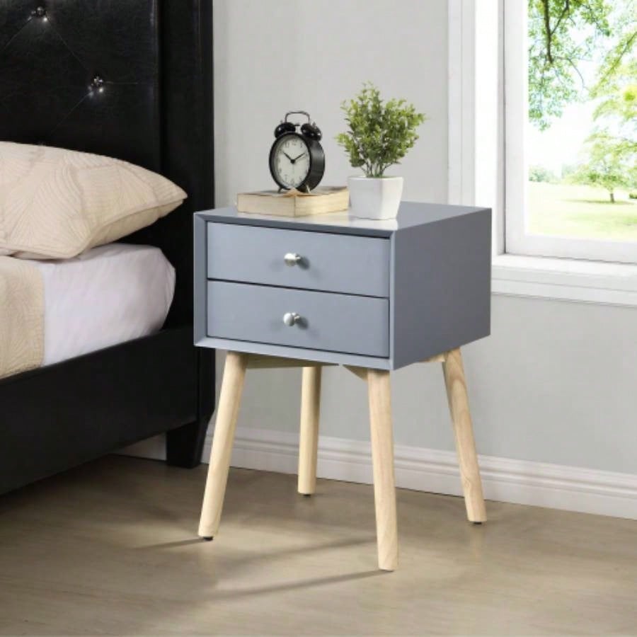 Side Table, Bedside Table with 2 Drawers and Rubber Wood, Mid - Modern Storage Cabinet Bedroom Living Room, Black