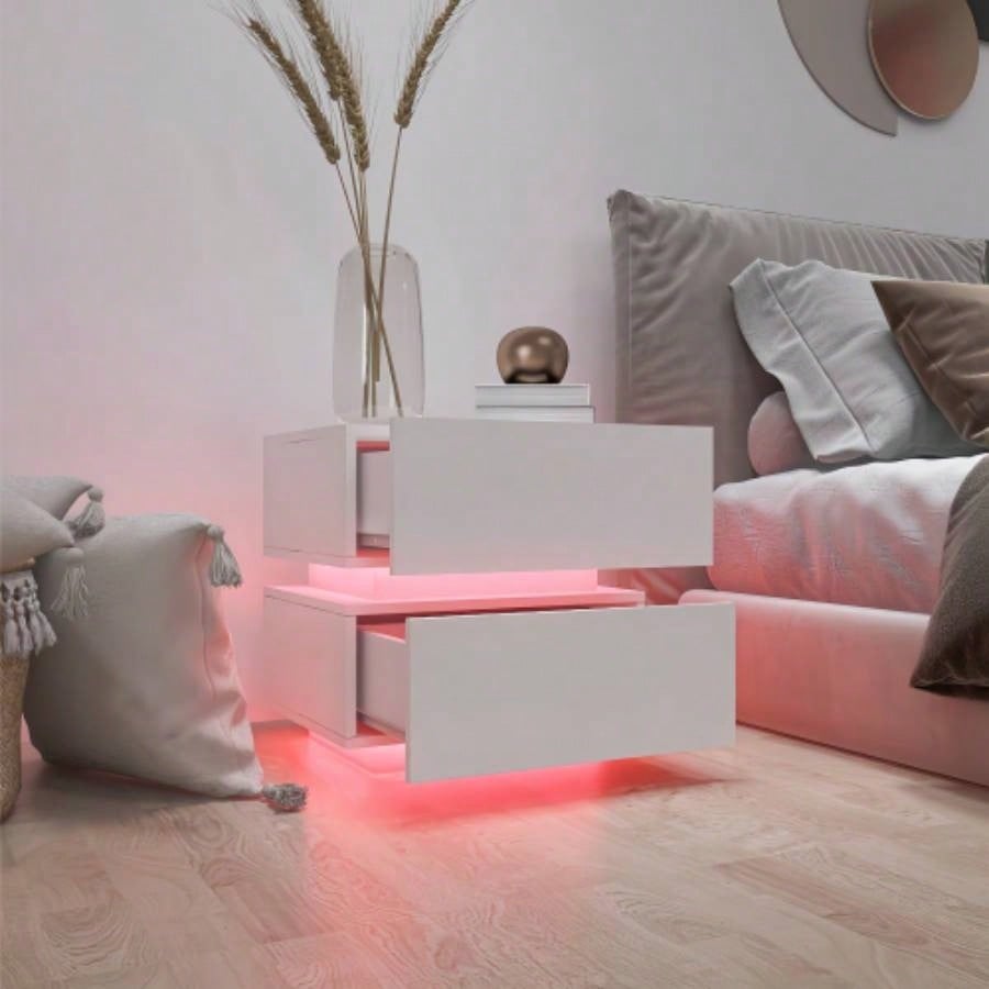 White Color High Glossy 2 Drawers Bedside Table with RGB Led Light Nightstand with Control