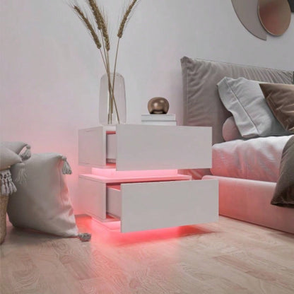 White Color High Glossy 2 Drawers Bedside Table with RGB Led Light Nightstand with Control